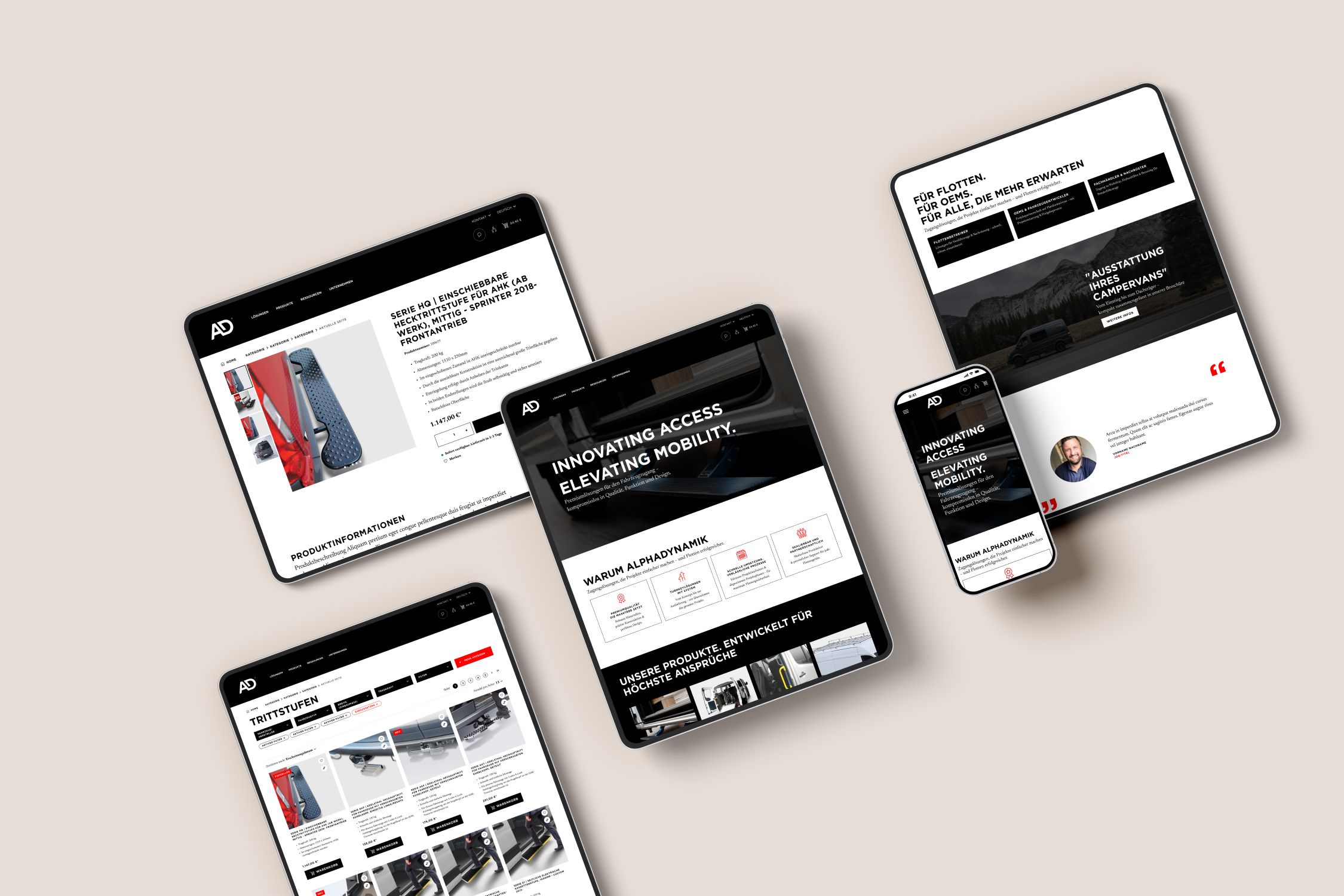 Online-Shop für AlphaDynamik: Zugangslösungen für Nutzfahrzeuge wie Trittstufen, Rampen und Sicherheitselemente für B2B-Kunden. Realisiert von pixolith.