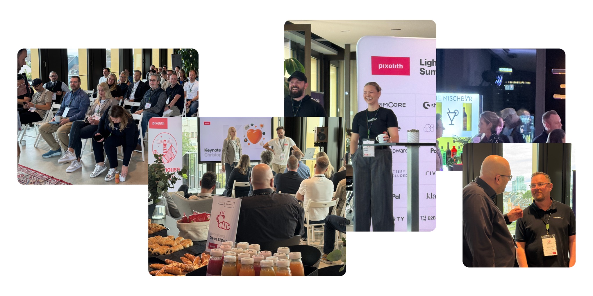 Impressionen vom pixolith Lighthouse Summit 2026: Publikum im Saal, Sponsorenwand und Gespräche in den Pausen