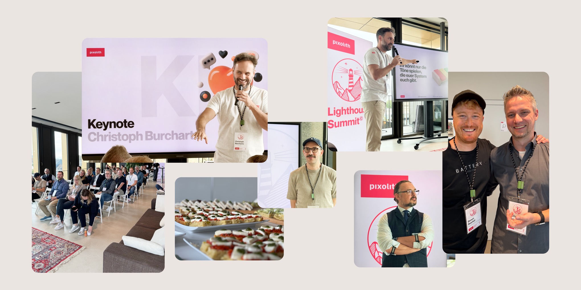 Christoph Burchartz bei der Keynote, ein Sprecher vor der Folie „Ihr könnt nur die Töne spielen, die euer System euch gibt“, Fingerfood und Gäste