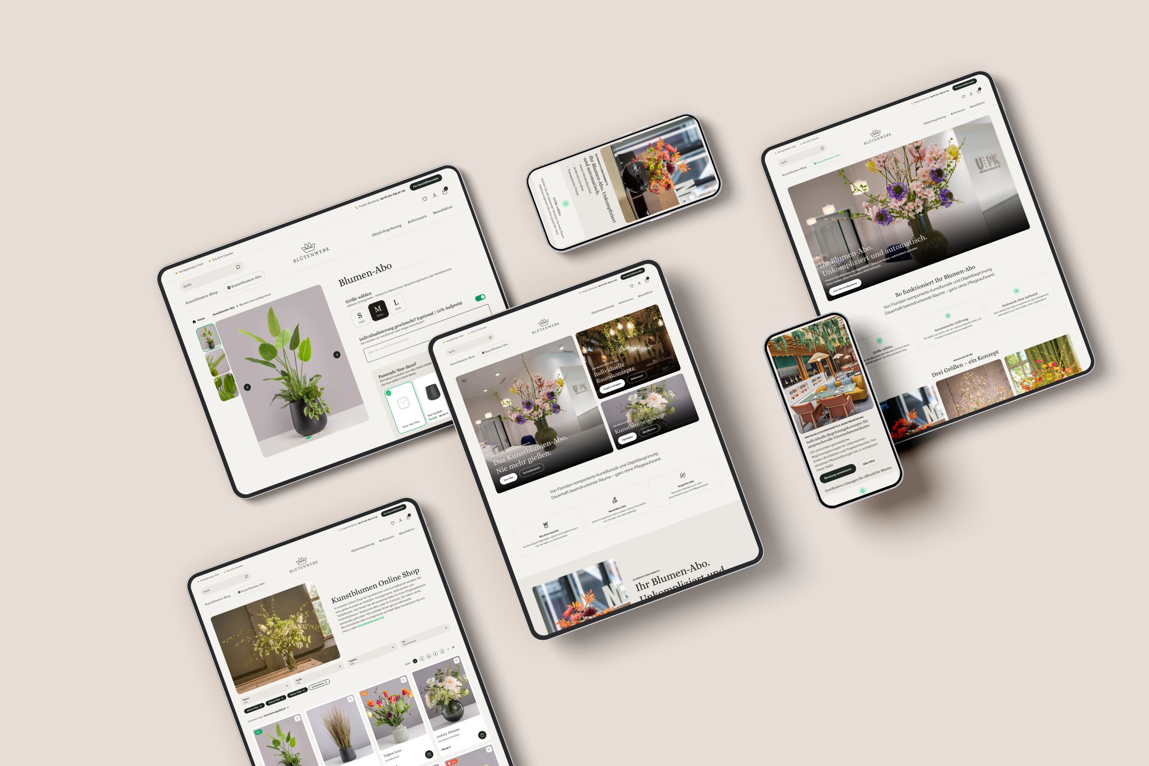Neugestaltung des Shopware-Shops für Blütenwerk: Kölner Manufaktur für Kunstblumen mit Blumen-Abo und eigenem Einstieg für Objektbegrünung. Realisiert von pixolith.