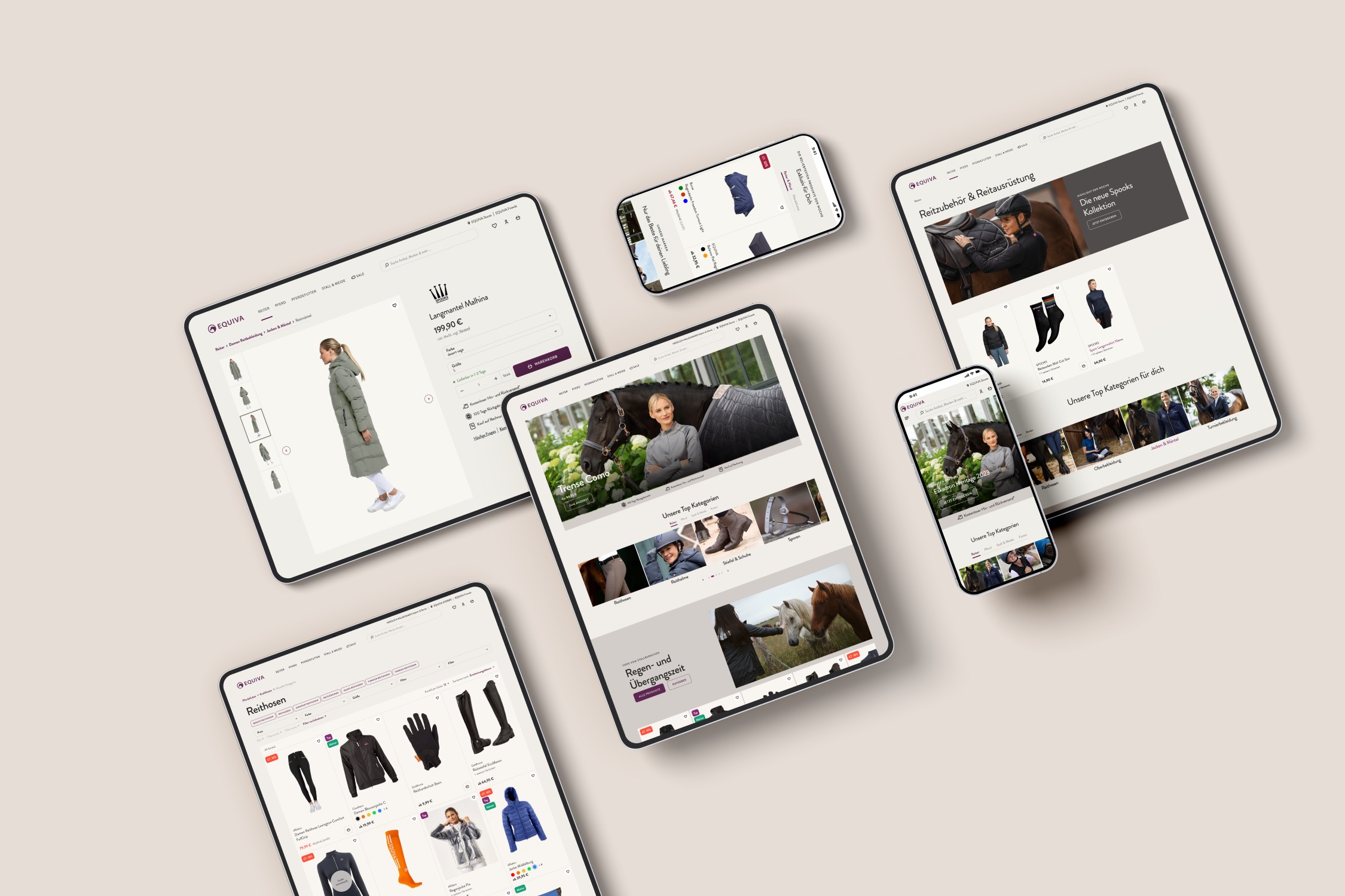 Pferdesport-E-Commerce für EQUIVA: Filter, Größenberatung und umfangreiche Produktwelten. Realisiert von pixolith für B2C.