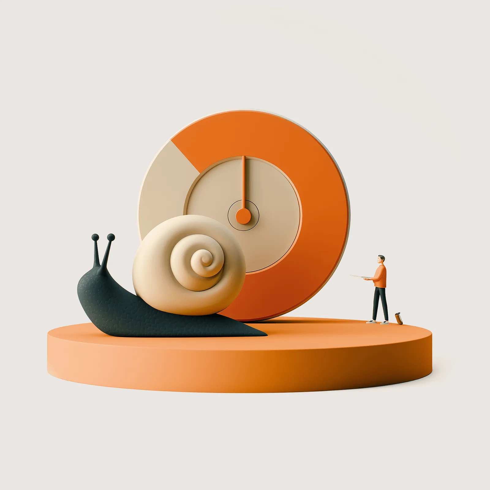 Schnecke vor Geschwindigkeitstacho – 3D-Metapher für langsame Ladezeiten und schwache Shop-Performance