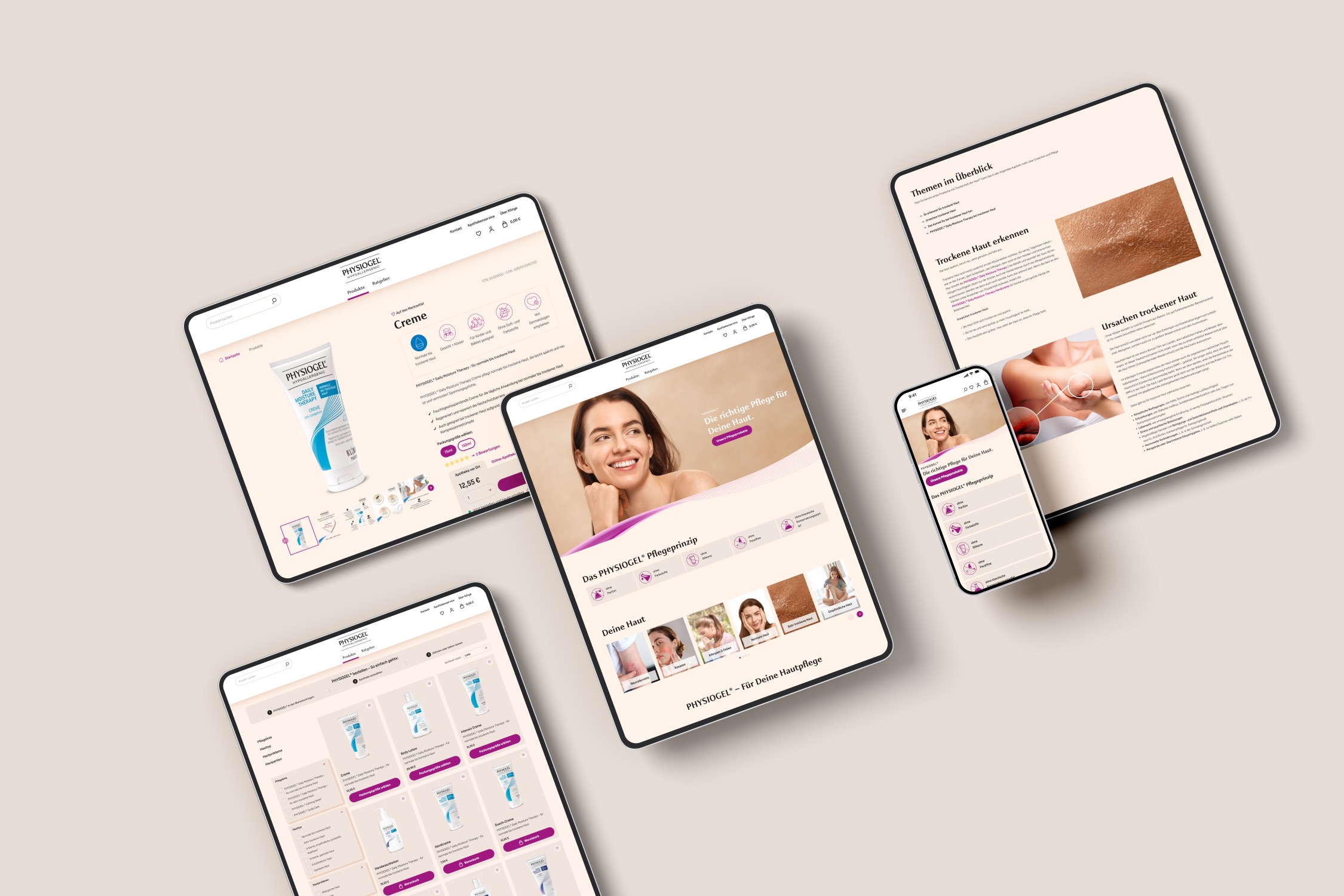 Digitale Markenwelt für PHYSIOGEL: Produktberatung, Themenwelten und direkte Apothekerverlinkung. Technisch umgesetzt von pixolith.