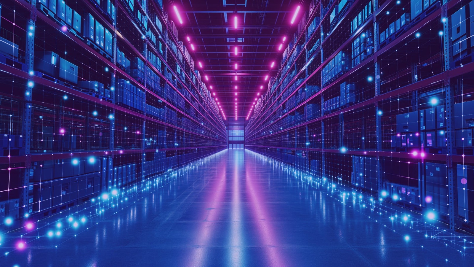 Lagergasse mit leuchtenden Datenpunkten — Key-Visual von Pimcores PIM-Seite