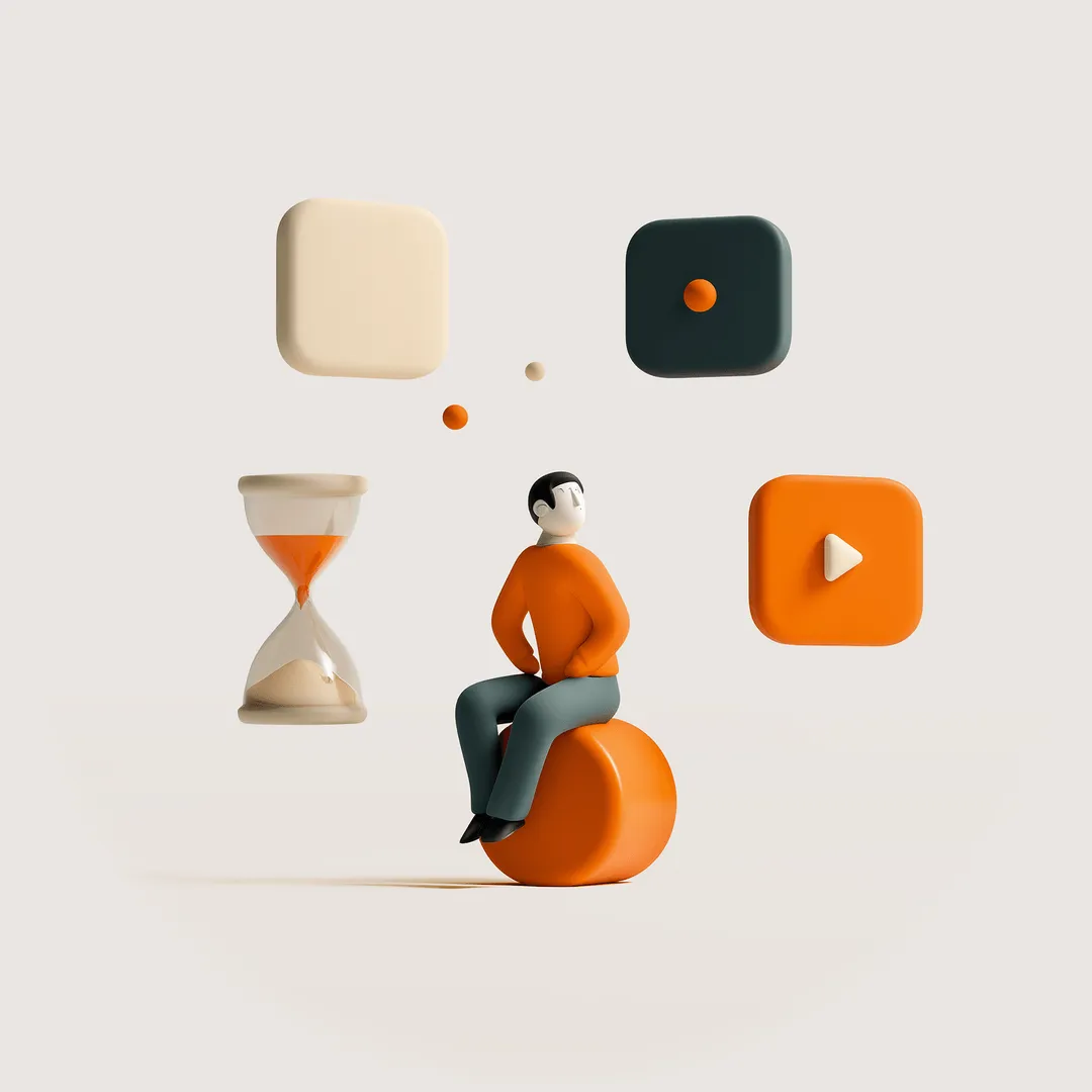 3D-Illustration einer sitzenden Figur mit Sanduhr und Icons – symbolisiert langsame Prozesse im B2B