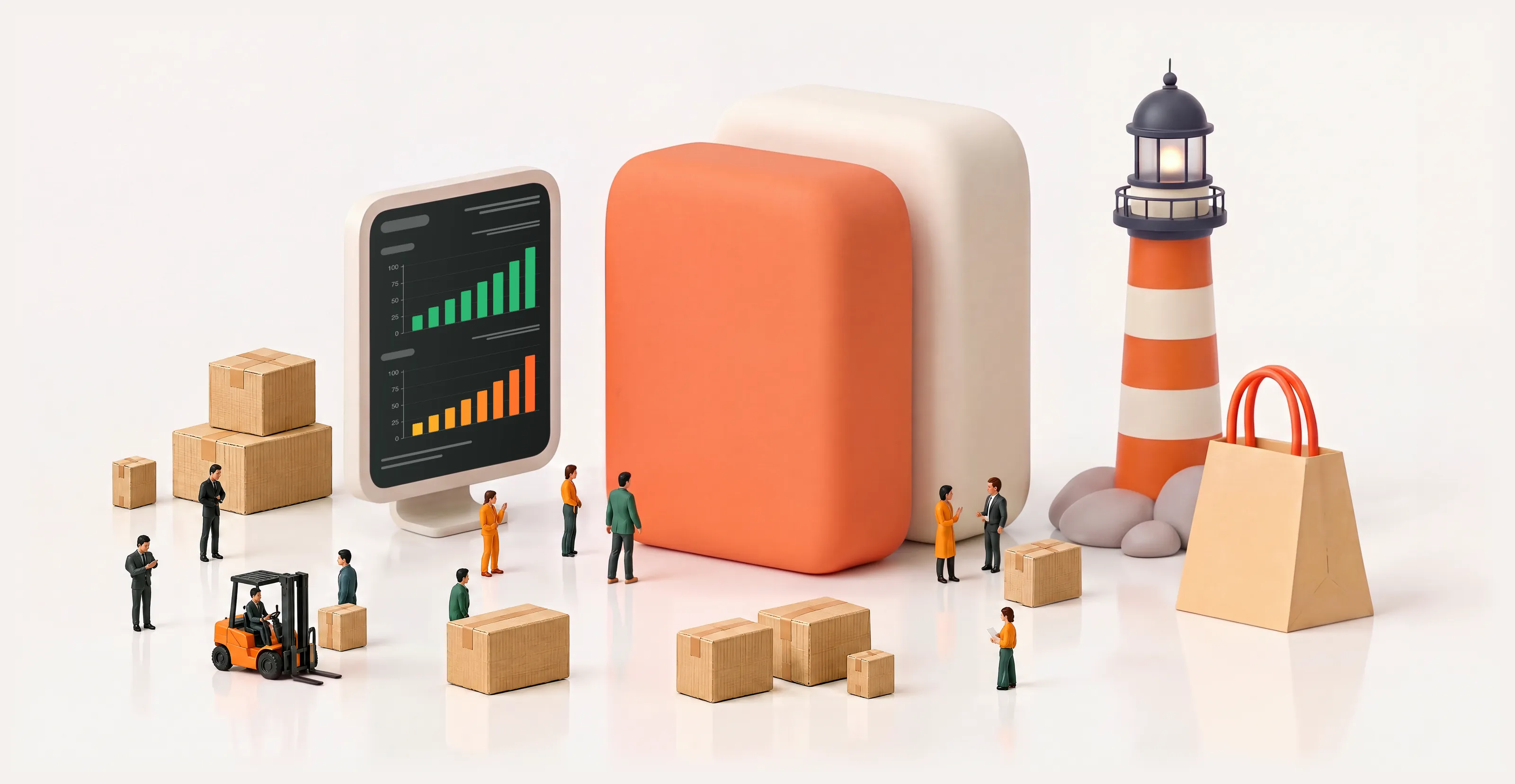 3D-Illustration einer Logistik- und E-Commerce-Szenerie mit Diagramm-Monitor, Paketen, Gabelstapler, Leuchtturm und Figuren – Visualisierung für Shop-Performance, Prozesse und Wachstum.